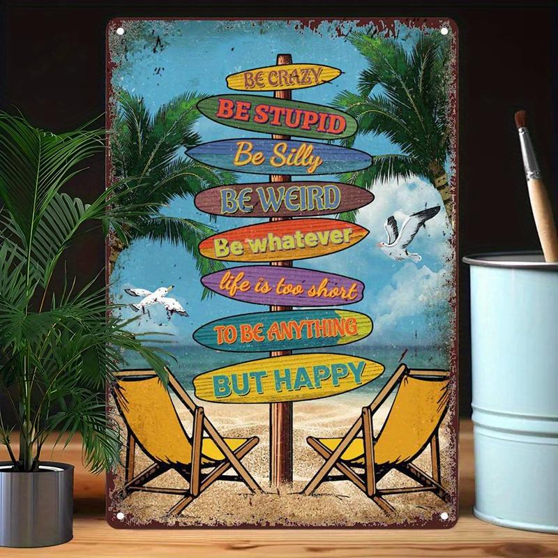 

Retro Beach Metal Sign Vintage Wall Art with Inspirational Phrase Crazy Happy Enjoy Life Suitable for Bars Cafes Seasid 20x30cm（7.8x11.8inch）