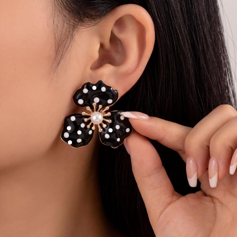 Faux Pearl Accent Flower Stud Earrings Black Polka Dot Gold Tone Edging Perfect BFF Gift for Female Friends