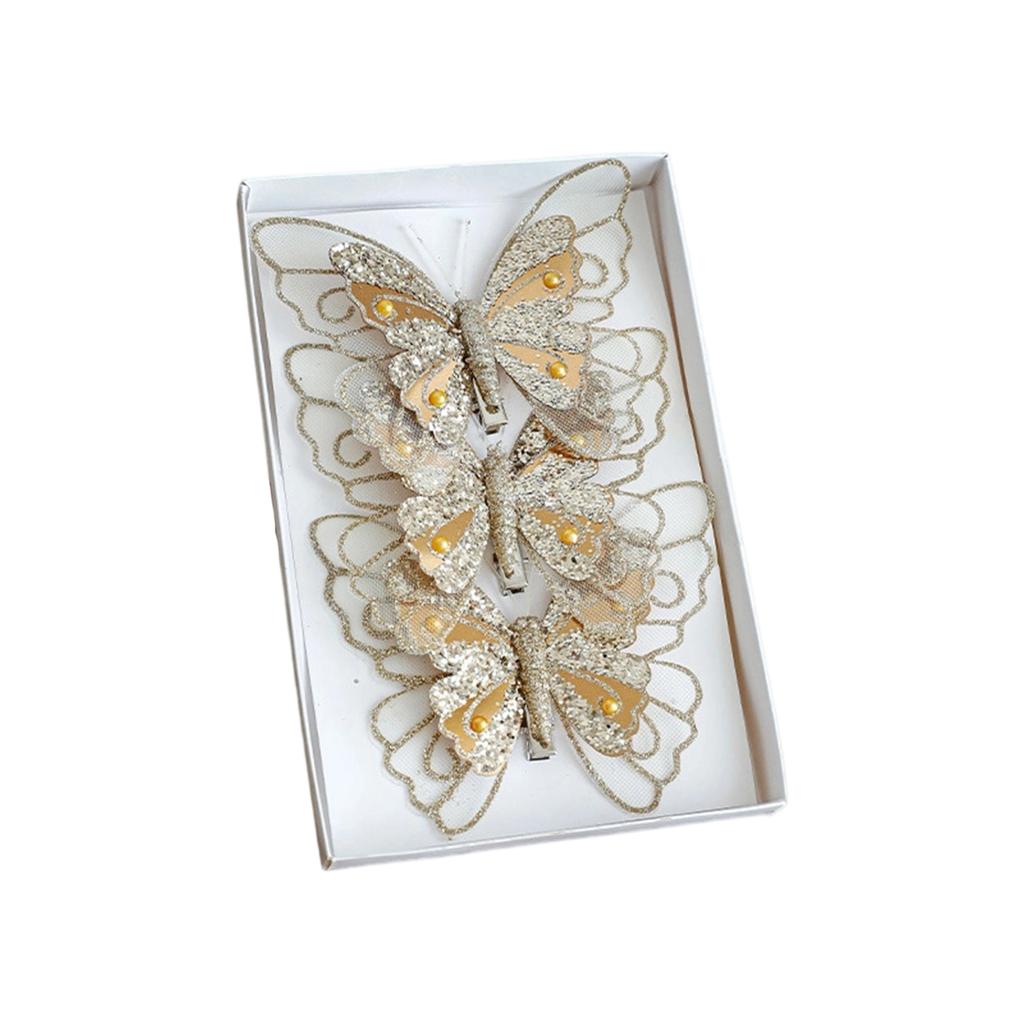 Set of 3 Glitter Butterfly Christmas Ornaments Clip-On Decorative Artificial Butterflies for Tree and Holiday Scene Decoration
