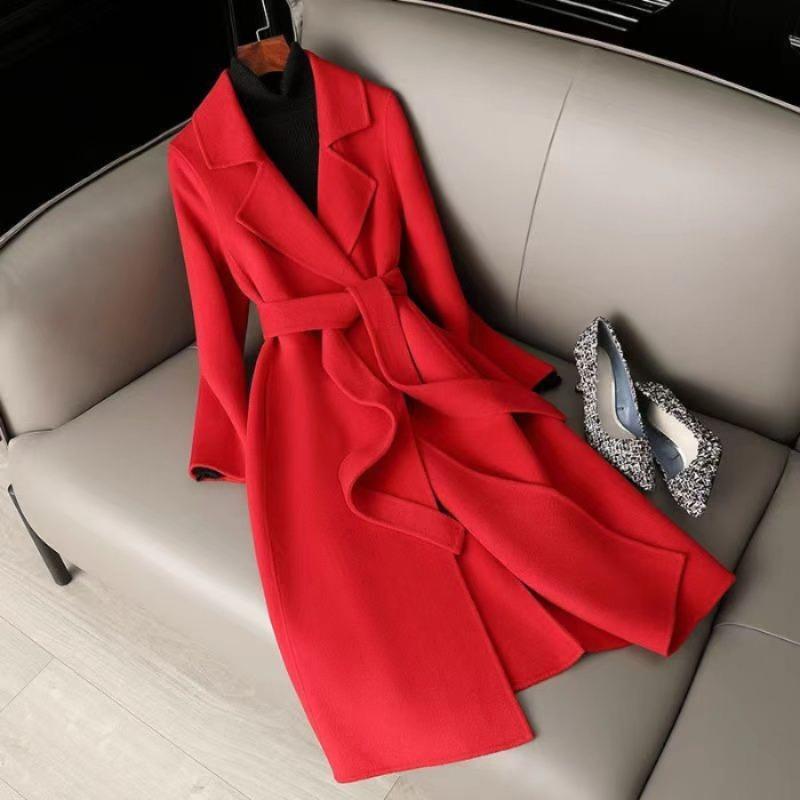 Autumn and Winter New Woolen Coat Women's Medium and Long Knee-slim Lace-up Woolen Coat High-end Woolen Coat Women