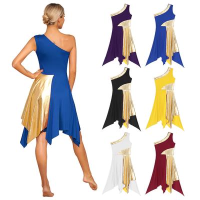 Womens Metallic Worship Praise Dance Dress Color Block One Shoulder Irregular Hem Sleeveless Dresses Performance Costume
