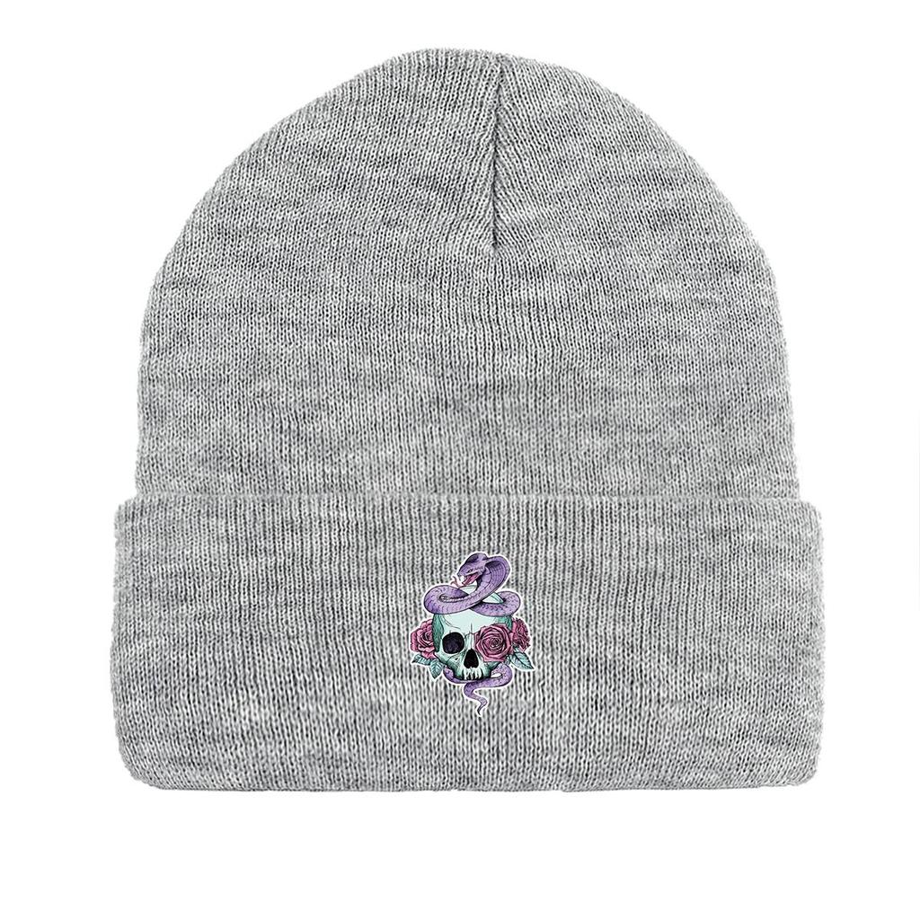 Skull Snake Rose Warm Knitted Cap Beanie, Scary Animal Woman Cap Cozy Slouchy Solid Bonnet Knitted Cap Beanie