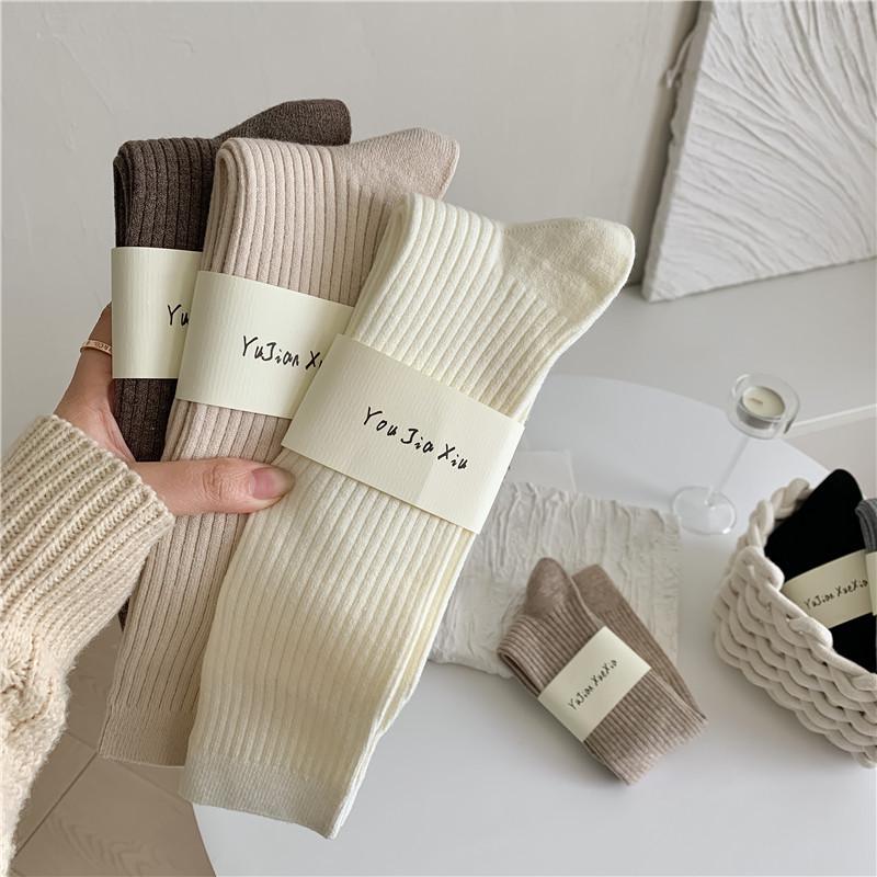Damen Woll-Wadensocken - Japanisch Retro Gestreift, Uni, Langer Schaft für Herbst/Winter