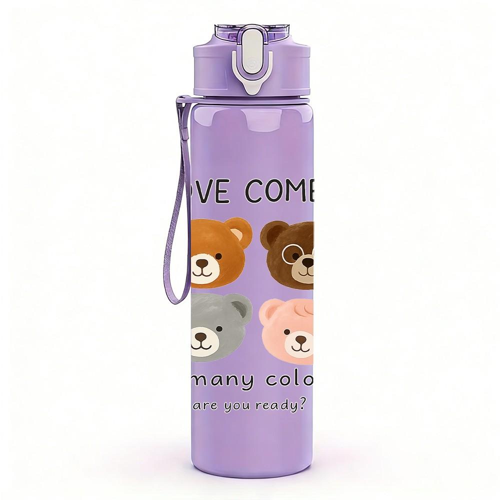1PC Love Comes Teddy Bear 750ml Color Plastic Sports Water Bottle Leakproof Flip Straw Lid Suitable for Sports Office Home Use