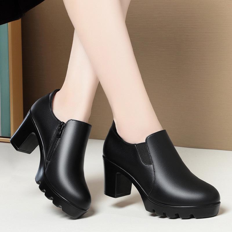 Women's Chunky Heel Platform Loafers - 2024 Spring/Autumn, Round Toe, Leather, Slip-On, Waterproof.