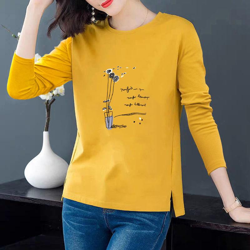 Spring and Autumn Women's Pure Cotton Long-Sleeve Split Round Neck Loose T-Shirt
