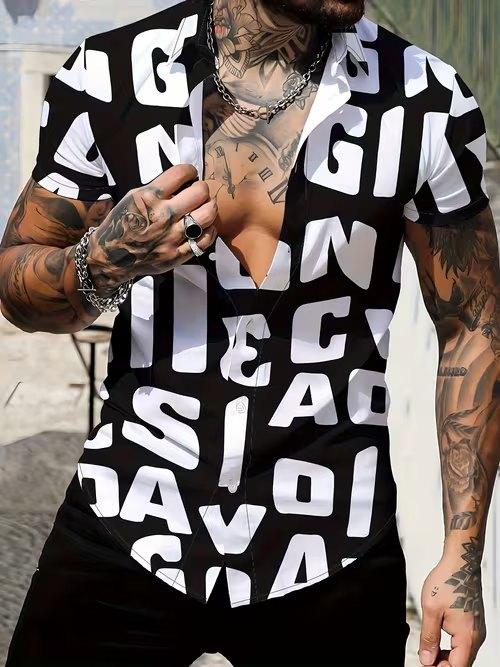 Camicia da uomo con stampa 3D a fantasia retrò, camicia con bottoni, camicia casual, camicia estiva, manica corta, abbigliamento quotidiano per le vacanze