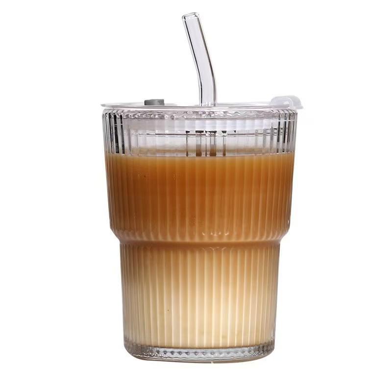 Stylish Vertical Stripe Glass Water Cup with Straw and Lid - Perfect for Iced Drinks