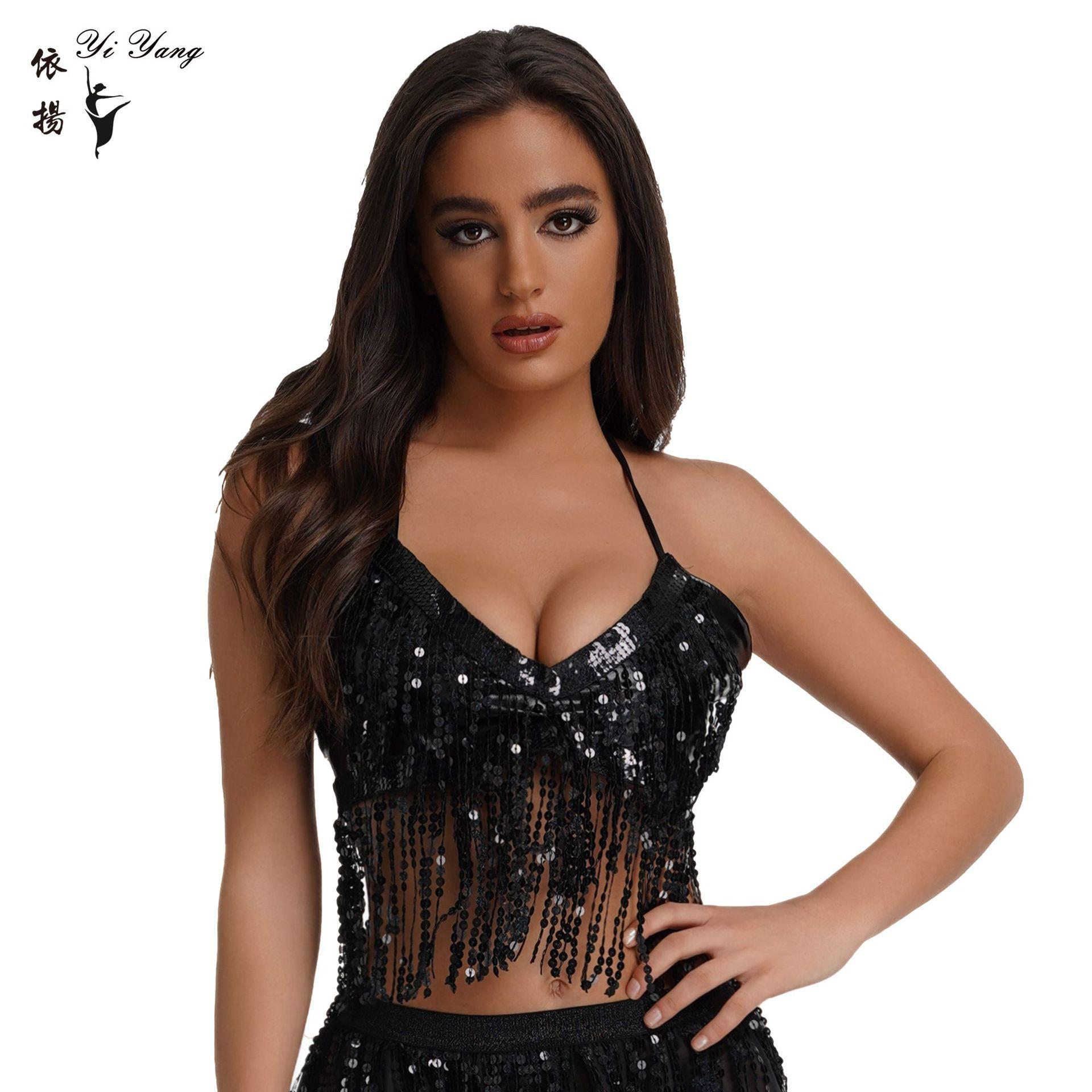 

Регулируемый ремень для танца живота, костюм для танца живота, бюстгальтер с подкладкой, топ с лямкой на шее, блестки, наряды для выступлений One size чёрный