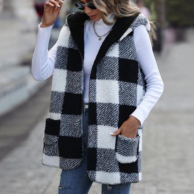 Flanell Lässige Damen Mittellange Kapuzen Ärmellose Karierte Beidseitige Fleecejacke