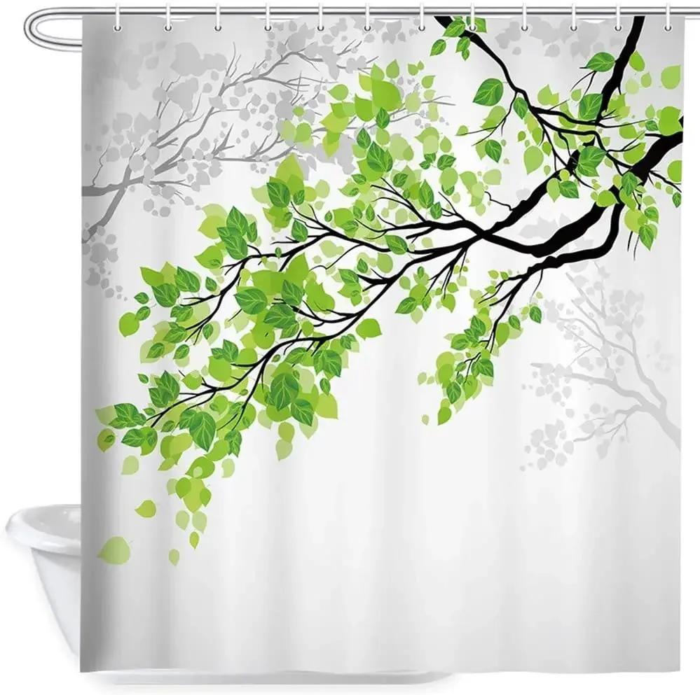 

Leaf Shower Curtains Set Yellow and Grey Leaves Tree Branch Art Printing Polyester Fabric Bath Curtain for Bathroom, With Hoo 90x180cm
