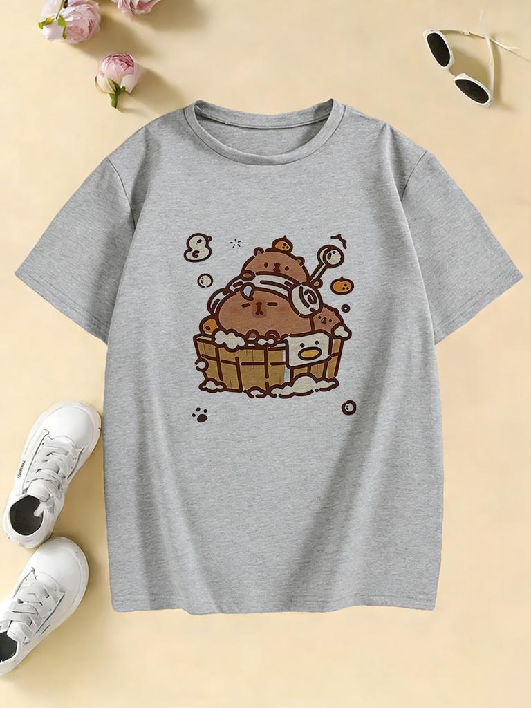 Cartoon Capybara Short Sleeve T Shirts Manga Kids Childrens Tshirt Boys Girls Summer Spring Casual Top Tee Shirt