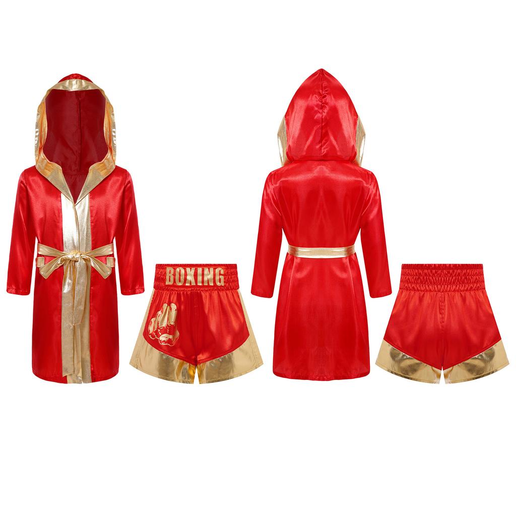 Kids Boys Girls Boxing Outfit Halloween Cosplay Costume Long Sleeve Open Front Metallic Trim Satin Belted Robe Hooded Cloak Sides Slit Shorts