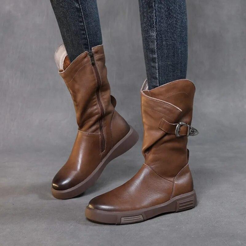 Johnature Genuine Leather Flat Mid-calf Boots For Women's Vintage Solid Color Side Zippered Boots