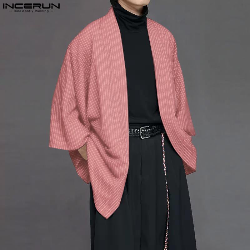INCERUN Men Batwing Sleeve Open Front Striped Casual Kimono Cardigan Tops