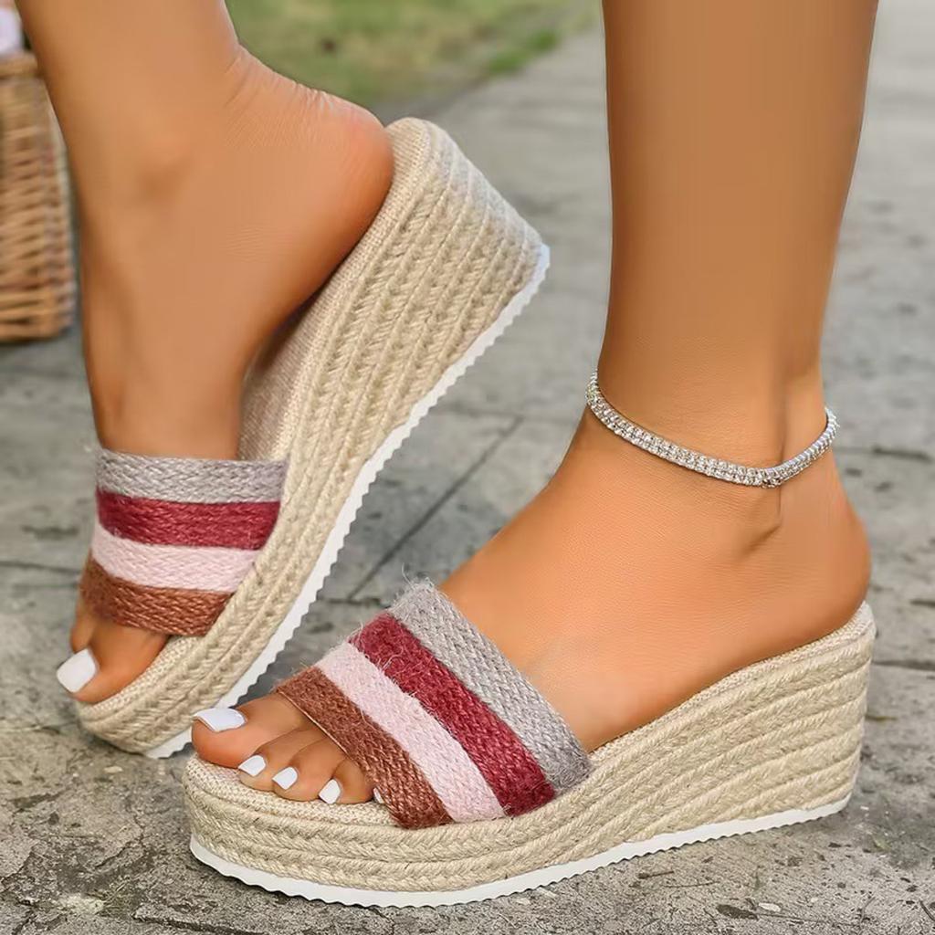 Knitted Sandals Women'S Platform Wedge Open Toe Slip Sandal Fashionable And Casual With Woven Jute And Saltwater Sandalias