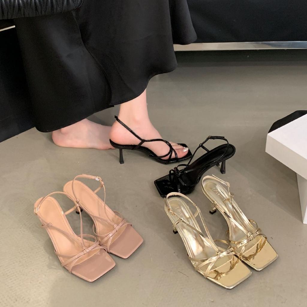 Black Thin Strap Open-toed Roman Sandals Women's Spring and Summer 2025 New Versatile Square Head Thin Heel One-word Cool Slippers