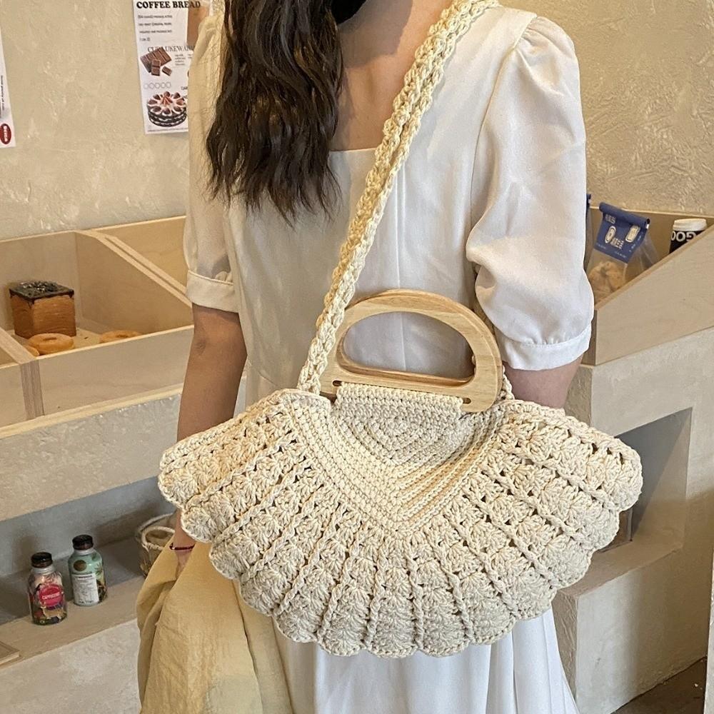 Casual Shell Shape Crochet Woven Bag Large Capacity Boho Wooden Handle Shoulder Bag Handmade Solid Color Underarm Bag Beach