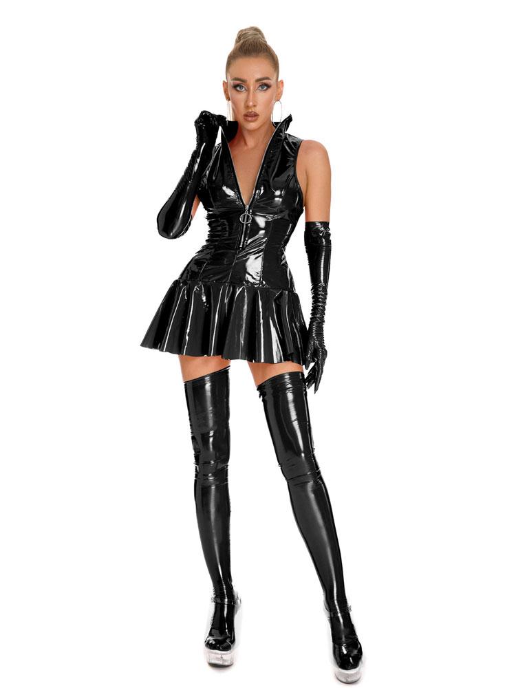 Sexy Pvc Latex Pleated Micro Mini Dress Bandage Oil Shiny Tight Dress Hollow Out Uniform Maid Dress Stage Wear Ruffled Dress