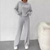 Women's Ribbed Knit Hooded Sweatshirt and Wide Leg Pants Set In Light Grey