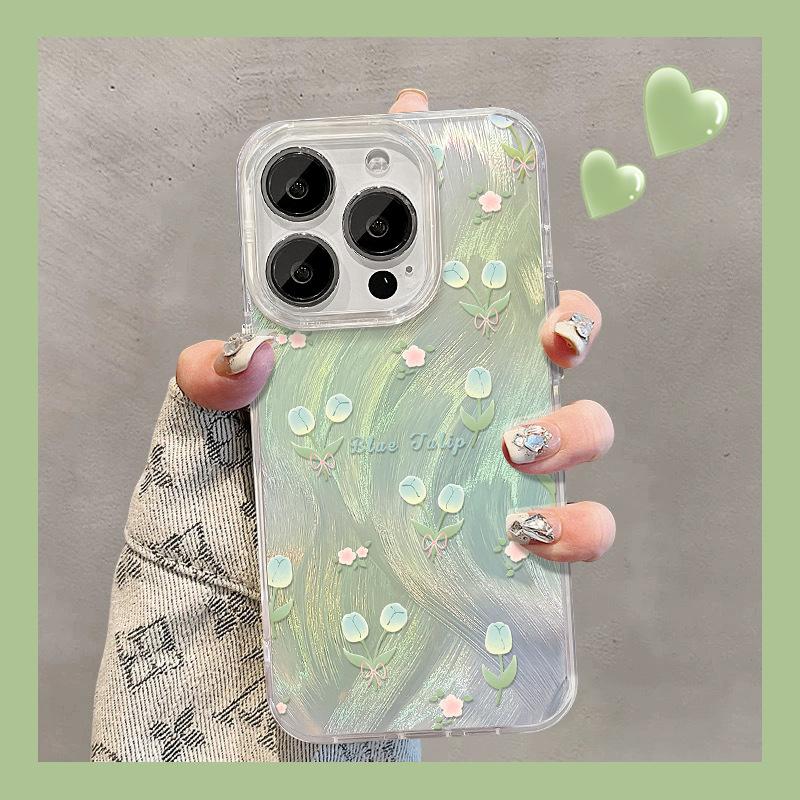 Applicable To Apple 15pro Mobile Phone Case Iphone14plus Smudge Tulip Stand 13 High-end Feather Yarn IMD