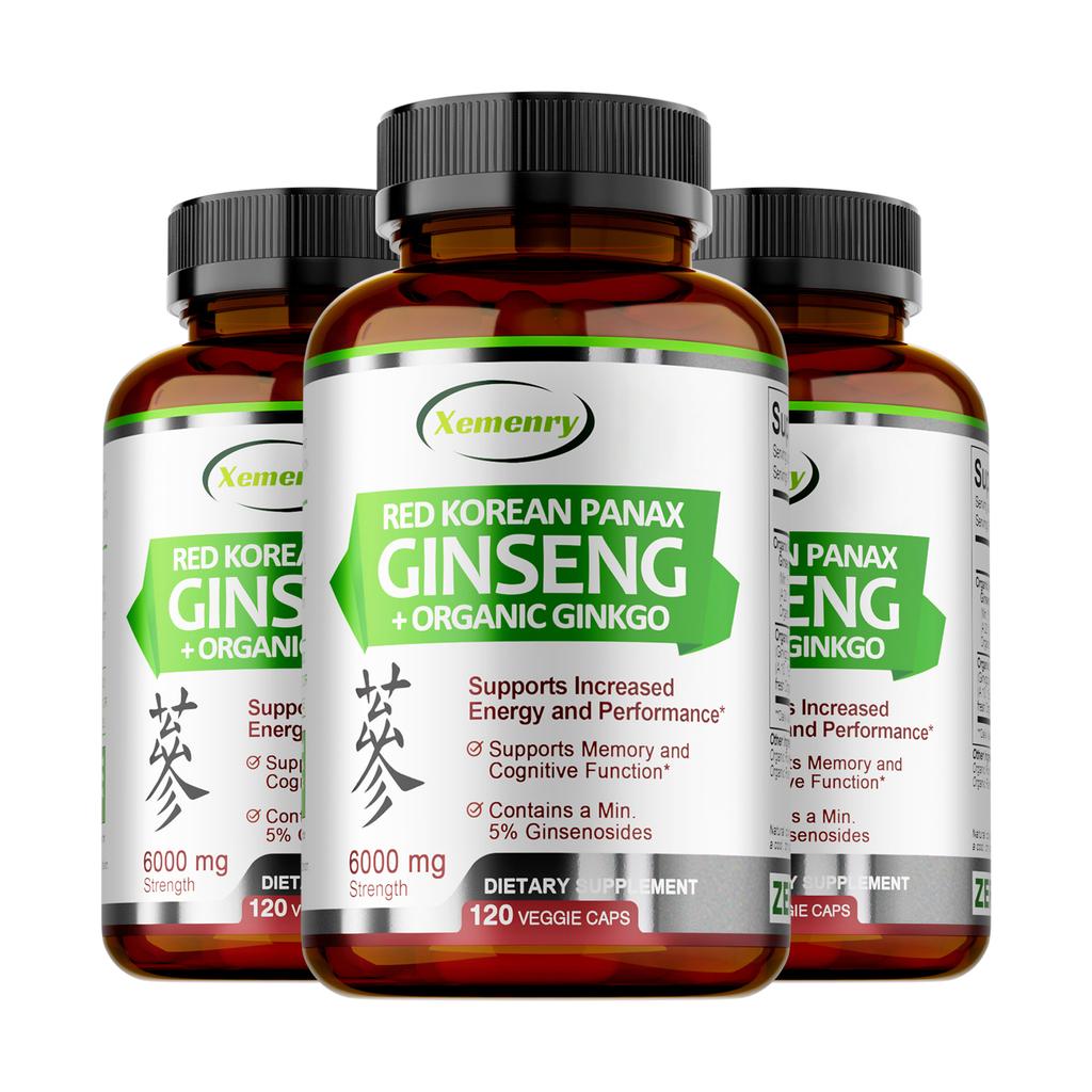 XEMENRY Capsule Organice de Ginseng, Potență 6000mg, cu Extract de Ginkgo Biloba, Formulă cu Potență Ridicată
