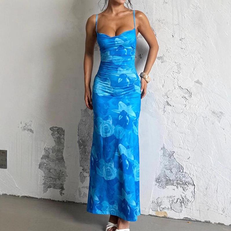 Women's Sleeveless Slim Fit Printed Lace Camisole Pleated Long Dress