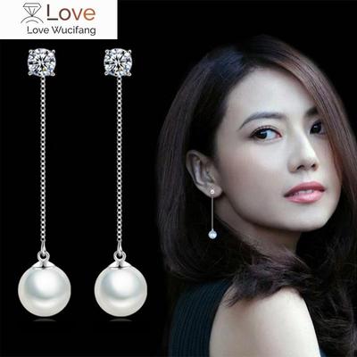 Moda Argento - Colore Perla simulata Ciondolo Catena Lunga Zirconia Cubica Orecchini Lunghi Gioielli da Sposa per Matrimonio Orecchini Pendenti