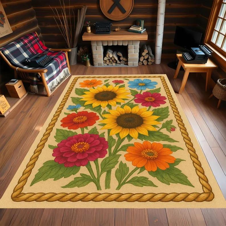 Sunflower Rug Living Room Rug Elegant Sunflower Rug Nature Inspired Sunflower Rug Vibrant Colorful Floral Design Living Room