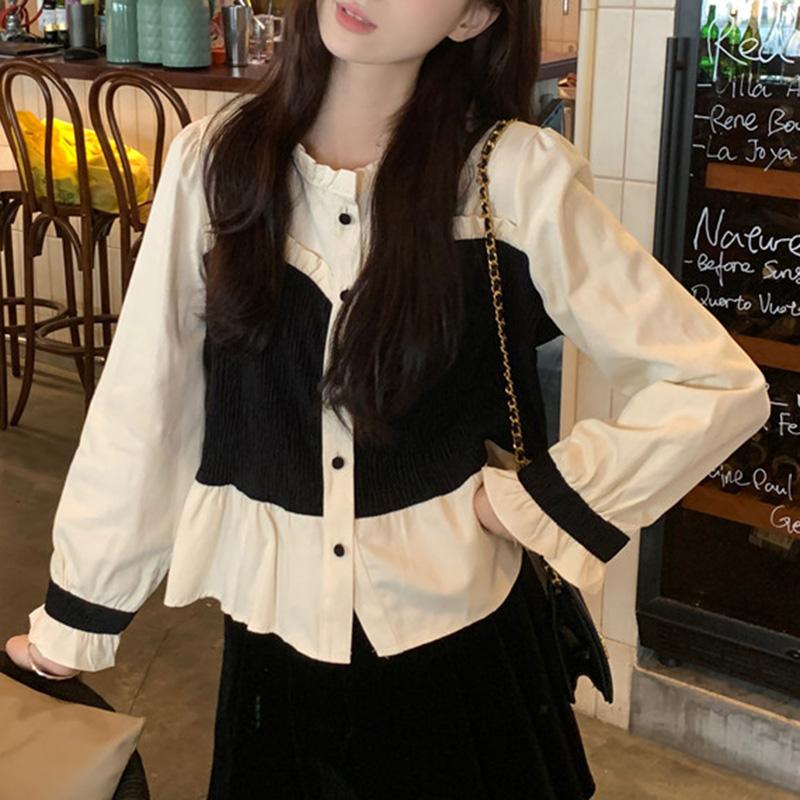 

VONDA Женская мода кружева круглый вырез контрастного цвета длинный рукав сращивание рубашки S чёрный