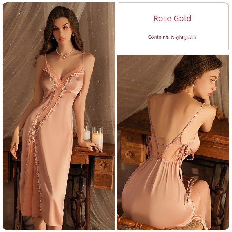 Good Morning with You: French Entry Lux Suspenders Pajamas Pure Desire Ice Silk Nightdress Long with Chest Pad Fancy Homewear