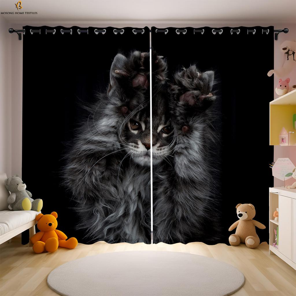 Cat Cartoon Printed Curtains Polyester Bedroom Living Room Kids Window Decoration Curtain Set Of 2 Made Washable Sitting Ready