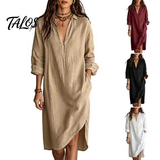 Lichte Zomerjurk Dames Midi Blousejurk, Lange Mouw V-hals Casual Veelzijdig Dames Kraag Losse Tuniek Strandvakantie Zomerjurk met