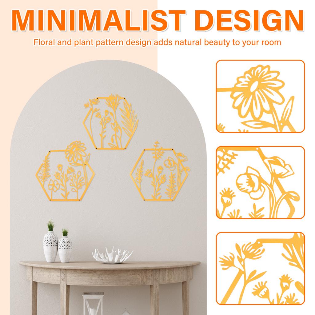 3Pcs Iron Metal Flower Wall Decor  Abstract Floral Splicing Line Art Hanging Wall Sculpture for Living Room Bedroom Decorations