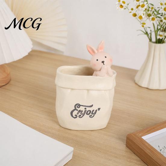 Pen Holder Wrinkled Paper Bag with Animal Decor, Resin Desk Cup Organizer & Succulents Planter, Cute Stationery Gift for Students Office Soft