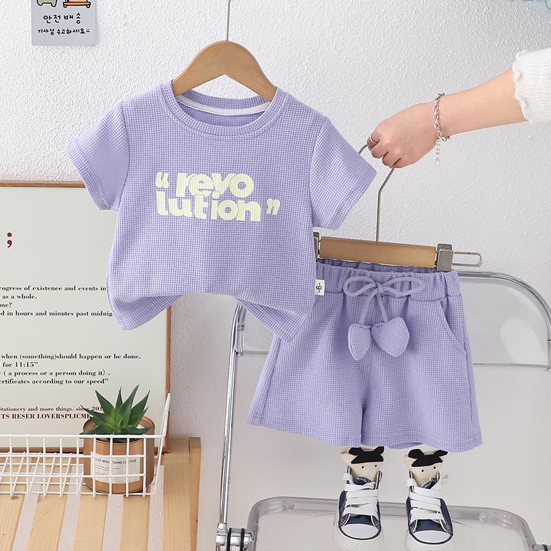 

Baby Summer Children s Short Sleeve Girls Fashion Set Waffle Short Sleeve Baby Two Piece Set 80cm фіолетовий