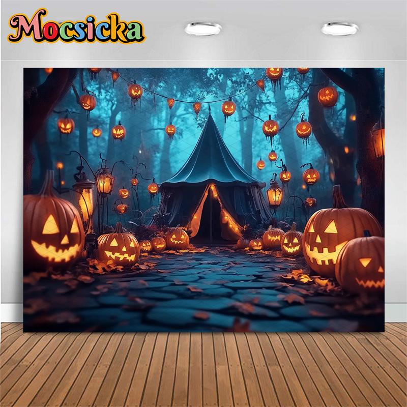 Mocsicka Halloween Photo Backgrounds Shooting Props Terror Forest Tree Tent Bat Jack-O-Lanterns Party Decor Photography Backdrop
