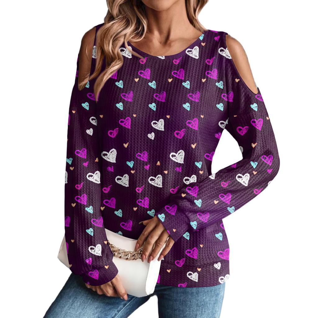 Women's Winter Oversized T-Shirt Fashionable Off-the-Shoulder Round Neck Vintage Floral Print Pullover Long-Sleeved Top
