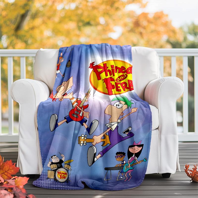 1pc Phineas and Ferb1 Theme Blanket - Digital Print, Polyester, Cozy for All Seasons, Perfect for Outdoor, and Travel