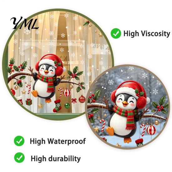 Shop Showcase Glass Decorations Christmas Static Window Cling, Penguin Decal with Holly Baubles Snowflakes, Festive Home Decor Supplies for