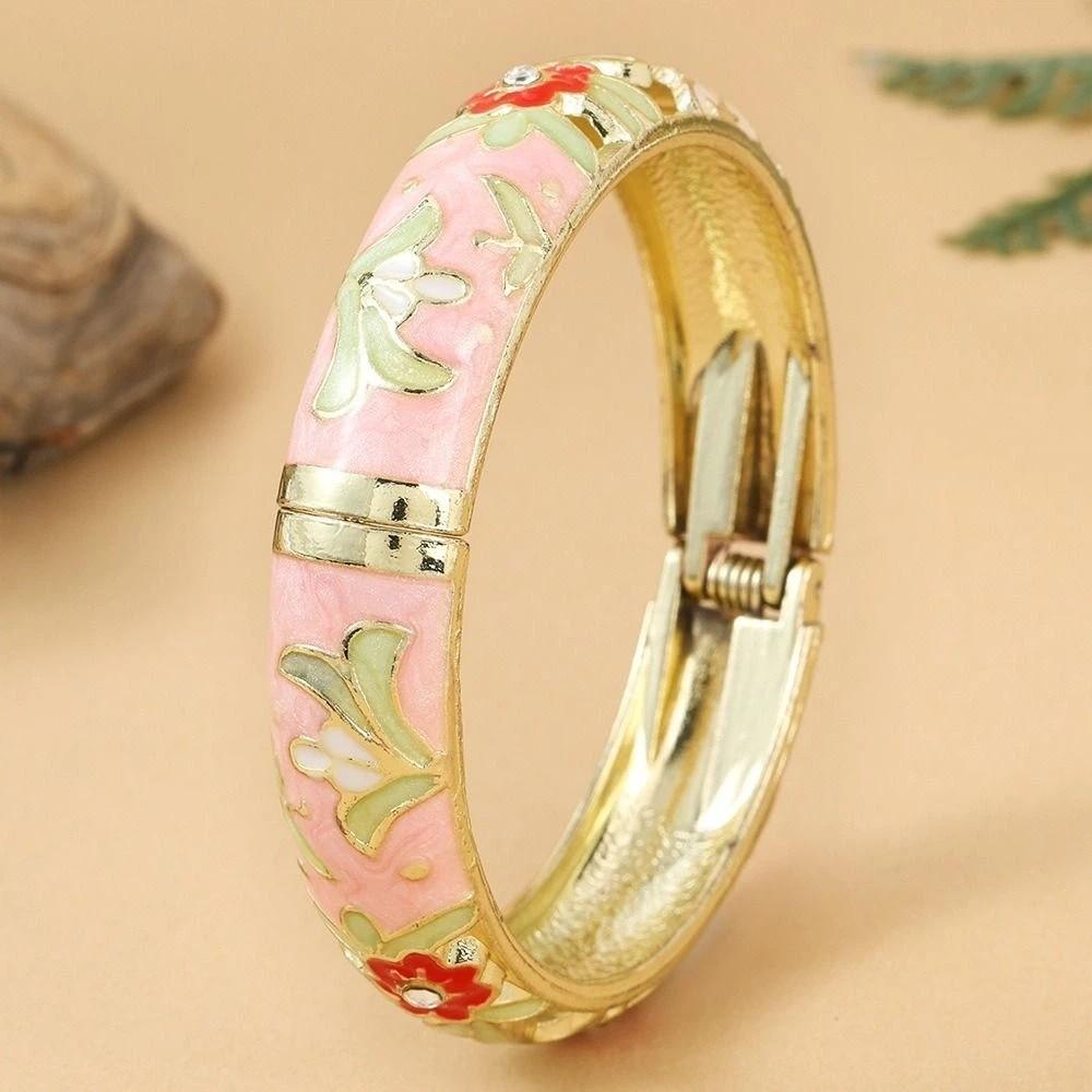Blumiges Vintage Cloisonné Armreif Emaille Damen Handarmband Buntes Blumenarmband Damen
