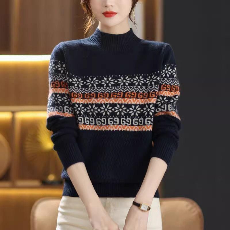 Argyle Pattern Mock Neck Knitted Sweater, Casual Long Sleeve Pullover Sweater for Fall & Winter, Women's Clothing