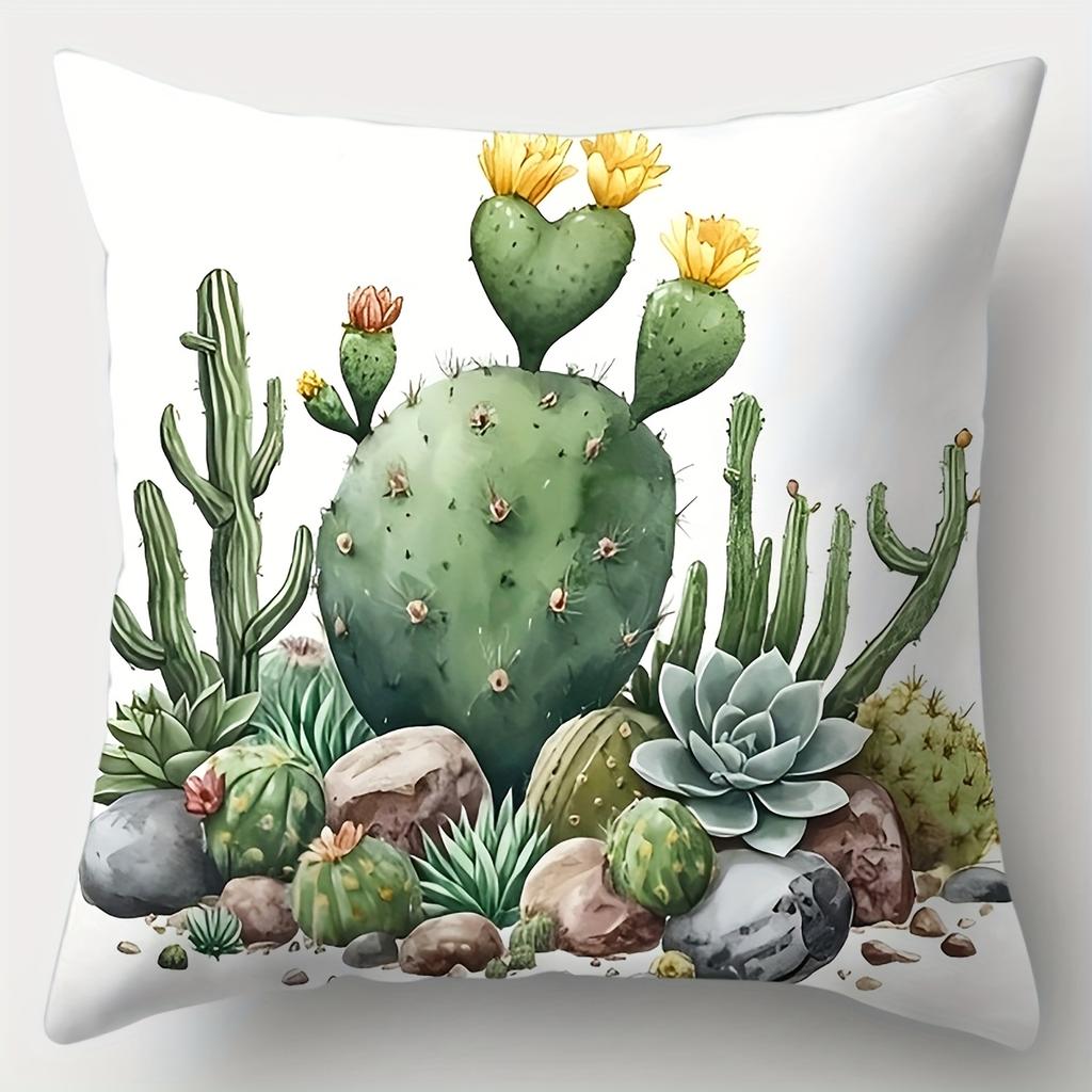 4Pcs Set, Sofa Pillow Case, Cactus Flower Pillow Case, 17.7 Inches * 17.7 Inches, Single-Sided Print, Home Decoration, Sofa Wais