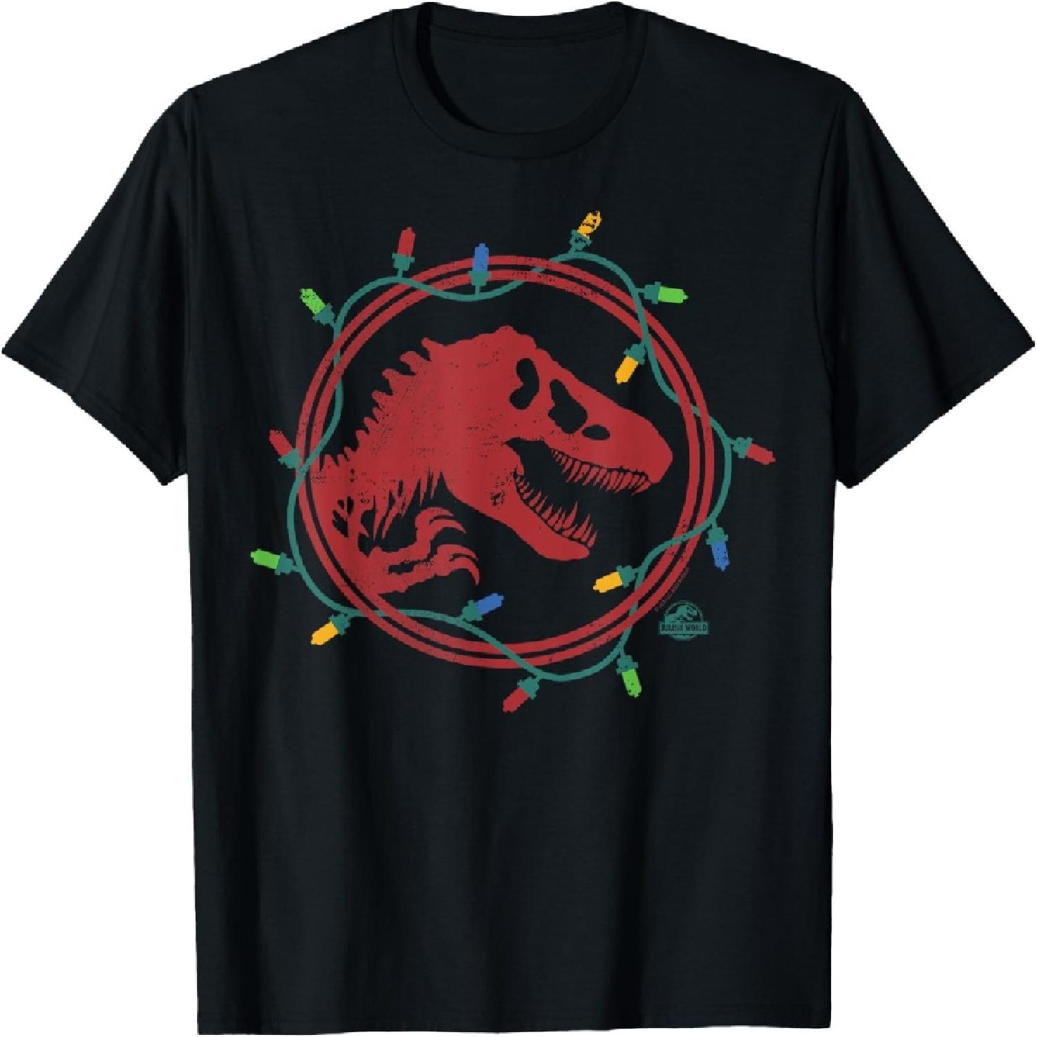 Jurassic World Kids T-Rex Christmas Lights T-Shirt - Black, Short Sleeve, Crew Neck, Small XXXXXL разноцветный