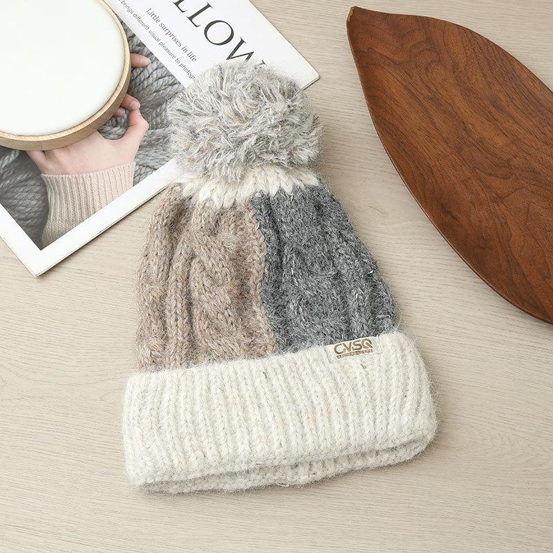 

Уличная шапка-пуловер с защитой ушей, женская, толстая вязаная шерстяная шапка с сочетанием цветов, зимняя, для уличной езды на велосипеде, спортивная, теплая шапка one size