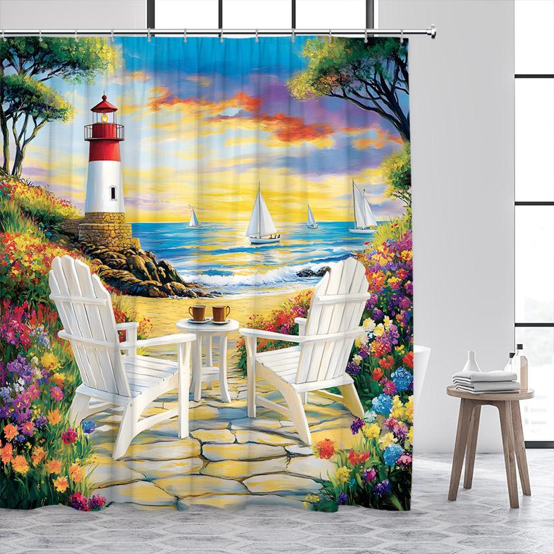 Niebieski Ocean Latarnia Morska Zasłony Prysznicowe Vintage Łódź Mewy Fale Morskie Akwarela Sztuka Nowoczesny Wystrój Zasłony Łazienkowej Z Haczykami