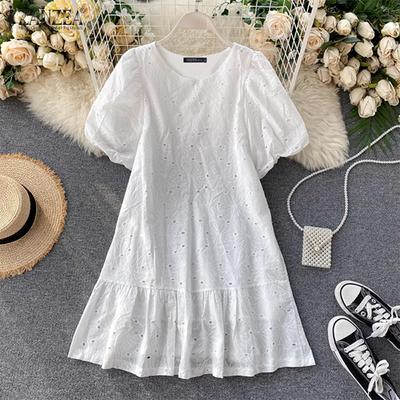 Γυναικεία Βαμβακερά Φορέματα με στρογγυλή λαιμόκοψη με κοντό μανίκι δαντέλα σε γραμμή Α