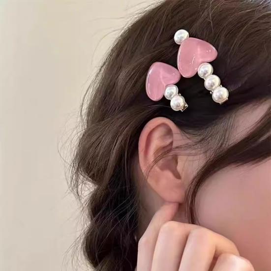 Hairpin Stable Non-Damaging Hair Clip with High-Gloss Imitation Pearls Pink Jelly Heart Design Princess Style Hair Accessory