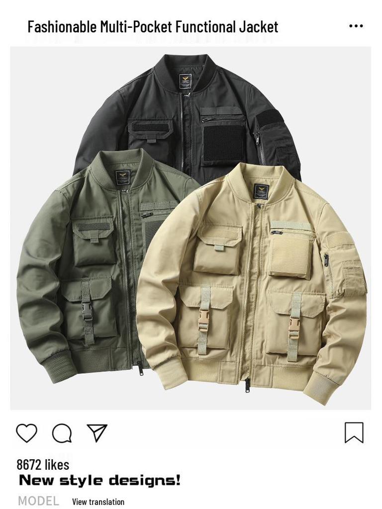 Men's American Retro Multi-pocket Pilot and Baseball Workwear Ski Jacket