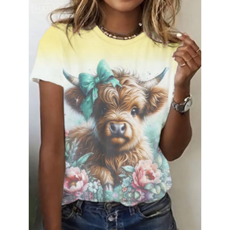 Women's Casual High Neck T-Shirt Summer Floral & Highland Cow Print Breathable Washable